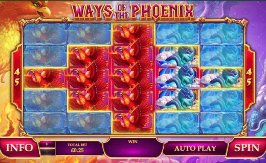 Game window at the start of Ways of the Phoenix, an online slot casino game by Playtech.