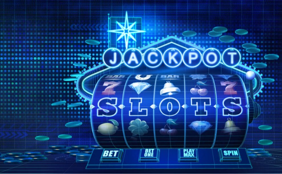  Digital concept of a casino jackpot slot machine on blue background with coins.