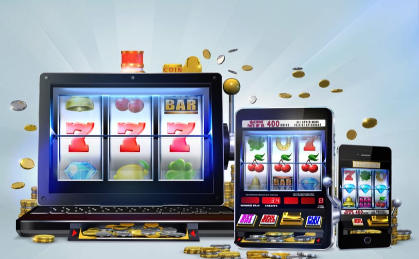 Online casino slot machine with reels displayed on mobile devices.