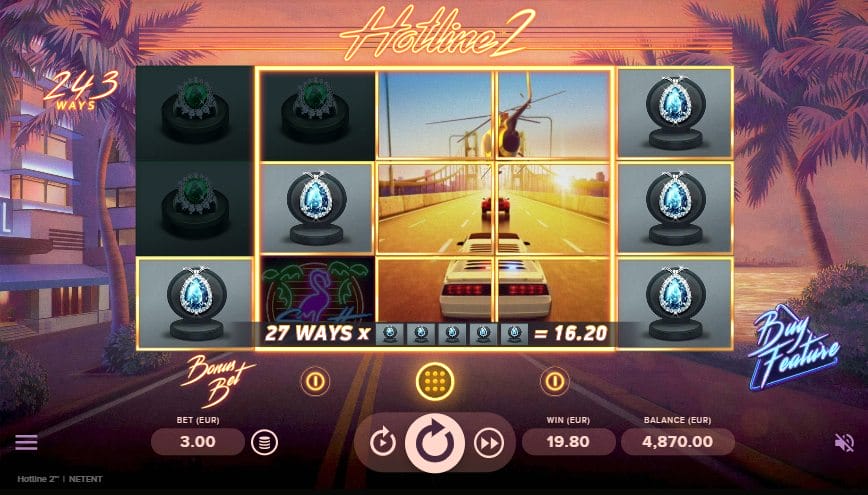Hotline 2 online slot showing double-reel expanding wilds and car-chase visuals.