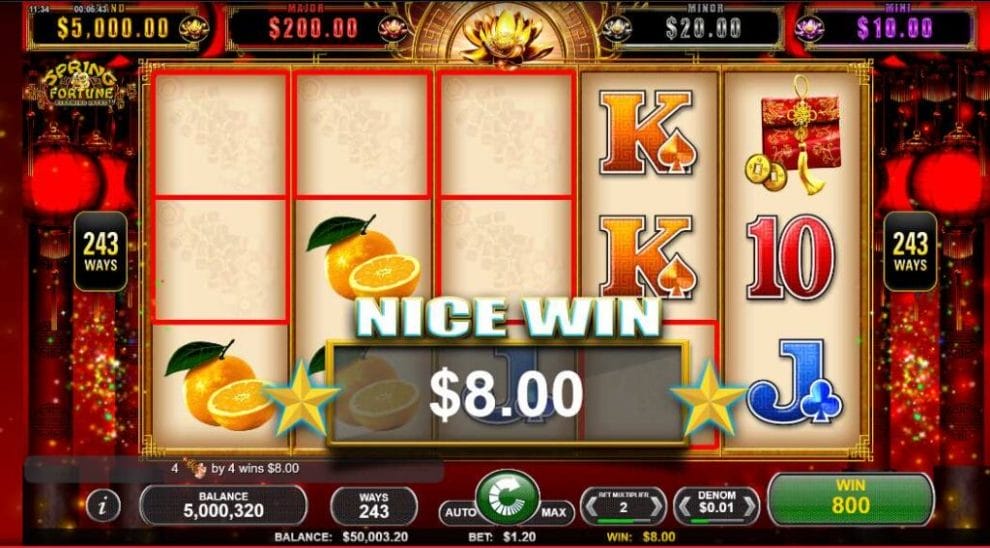 Spin Games’ Spring Fortune: Blooming Lotus online slot, showing a ‘win’ screen.