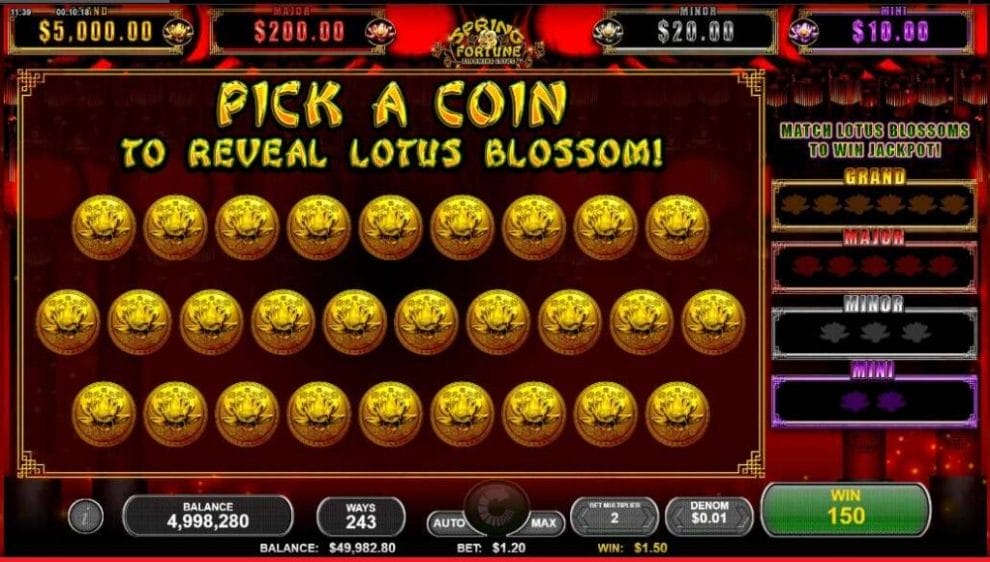 Spring Fortune: Blooming Lotus online slot, displaying the progressive jackpot prize feature.