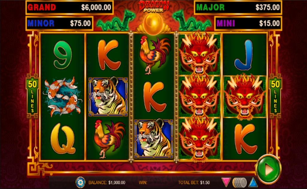 Screenshot of the reels in Dragon Power, an online slot by Wild Streak Gaming.