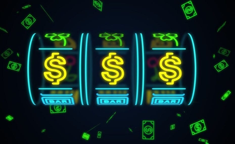 Neon online slots concept with brightly colored reels and dollars in the background.