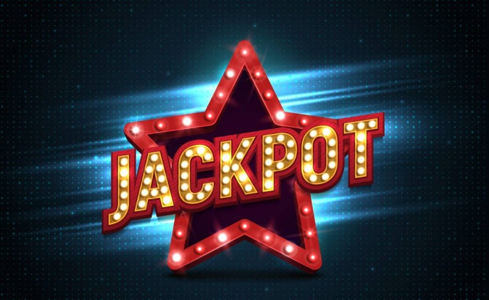 The word “jackpot” stands in front of a red star with lights flashing.
