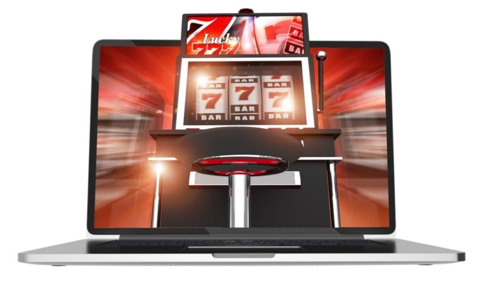  A rendering of a laptop with a slot machine on its screen.