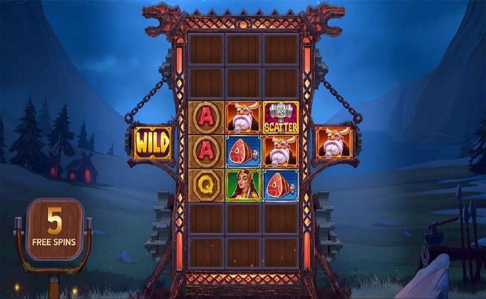 Riches of Midgard slot game, showing the reels and symbols with a free-spins counter on a scenic backdrop.