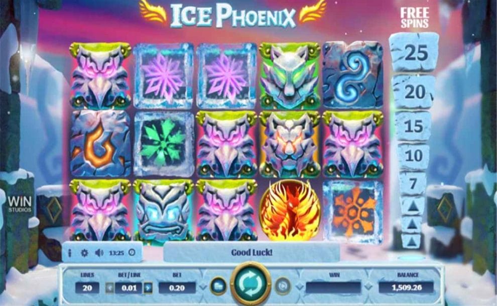 Ice Phoenix slot game showing reels and symbols on frozen background with online slot controls. 