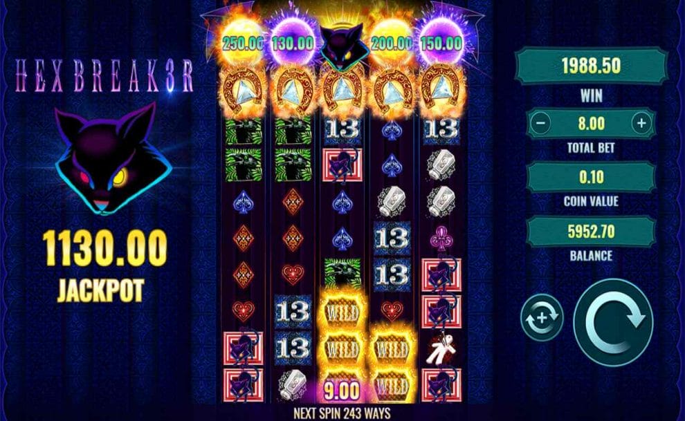 Hexbreak3r online slot with reels expanded fully and jackpot bonus triggered. 