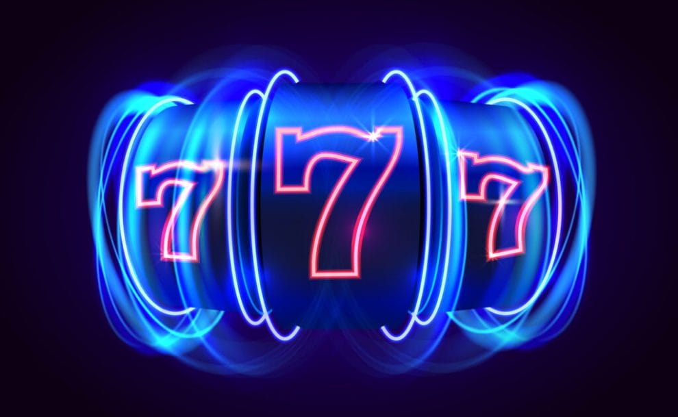 Vector image with 3 lucky number sevens on a slot reel