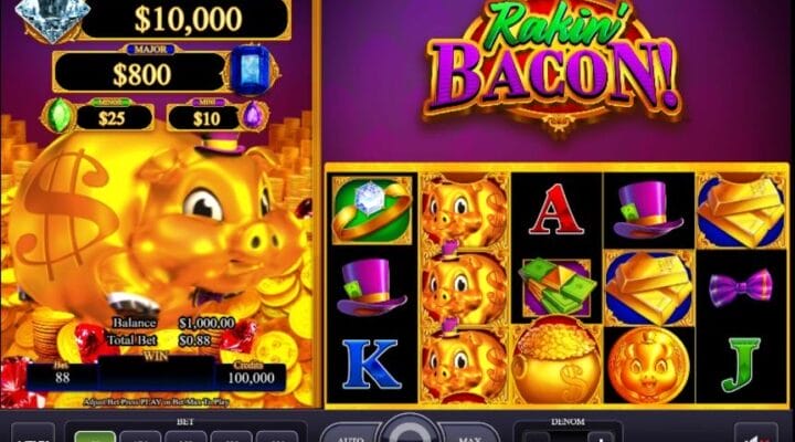 Header image for Rakin’ Bacon online slots game.