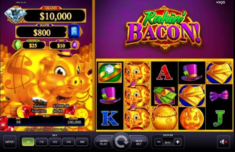Screenshot of the Rakin’ Bacon online slot by AGS showing the reels.