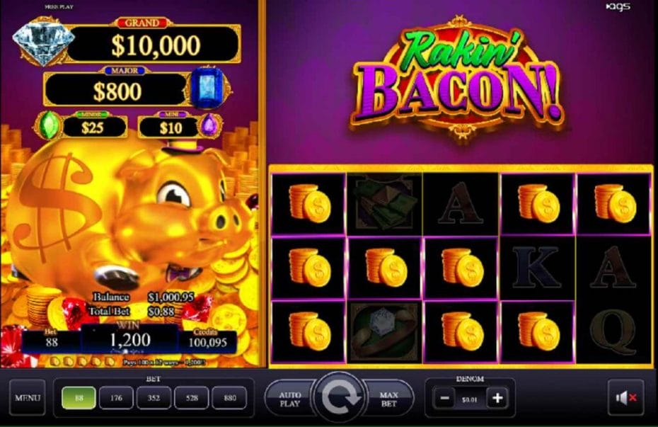 Screenshot showing Rakin’ Bacon slot game with stacks of coins symbols on the reels.
