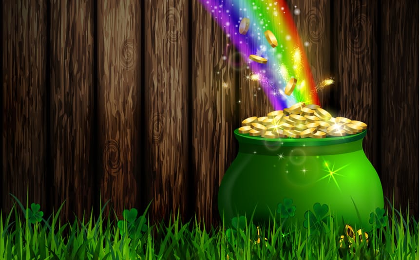 A pot of gold with a rainbow coming out the top.