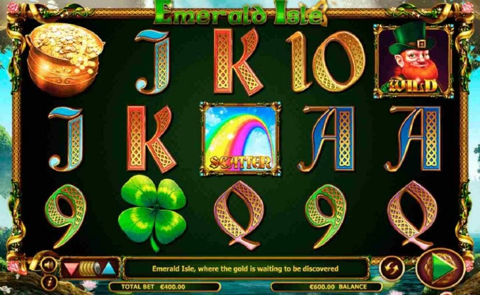 The user interface of the Emerald Isle game, with pots of gold, a four-leaf clover, and leprechaun.