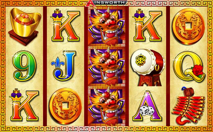 Reels and Ainsworth logo from Dragon Lines online slot game.