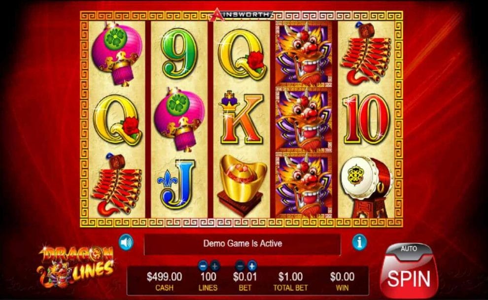 Symbols, reels and buttons for Dragon Lines online slot game.