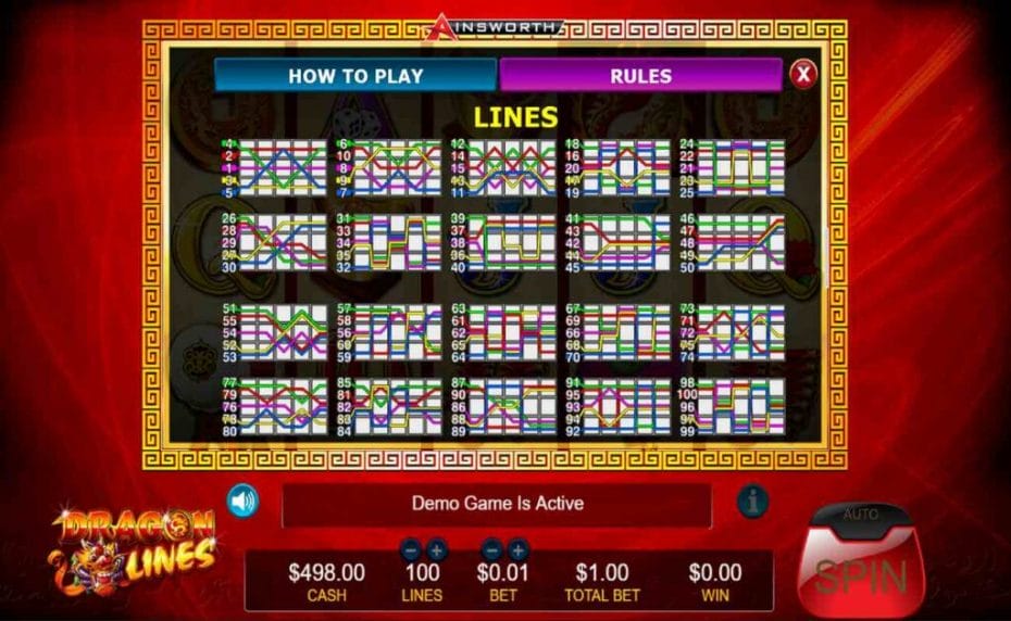  Information on paylines for Dragon Lines online slot game.