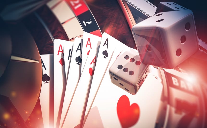 3D render of playing cards and dice.