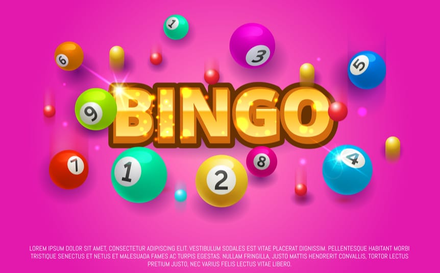 The word bingo in gold writing with a 9 ball on a pink background.
