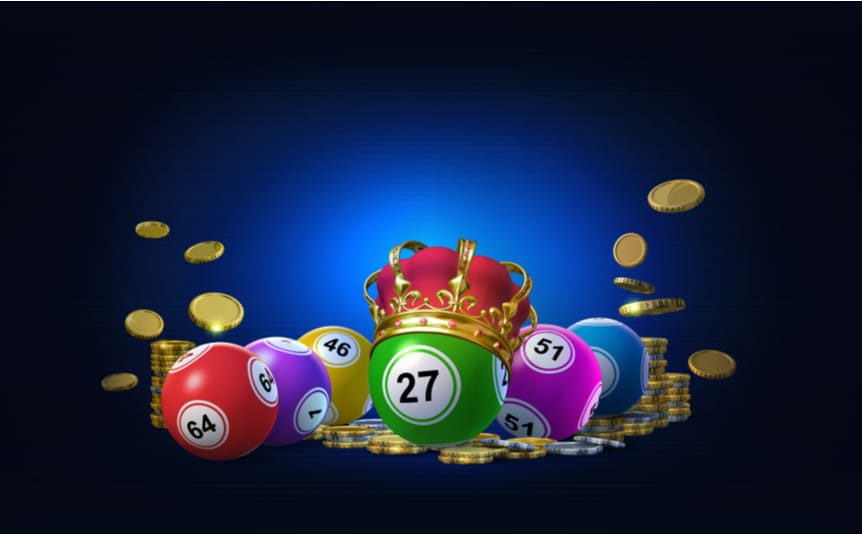 A digital render of bingo balls spelling out the word ‘bingo,’ with coins and a crown.