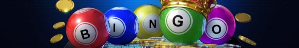 A digital render of bingo balls spelling out the word ‘bingo,’ with coins and a crown.