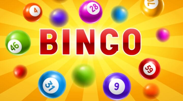 The word bingo in red on a yellow background, with bingo balls bouncing around it.