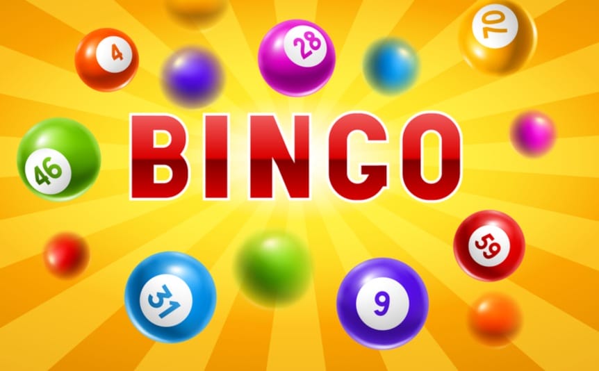 The word bingo in red on a yellow background, with bingo balls bouncing around it.