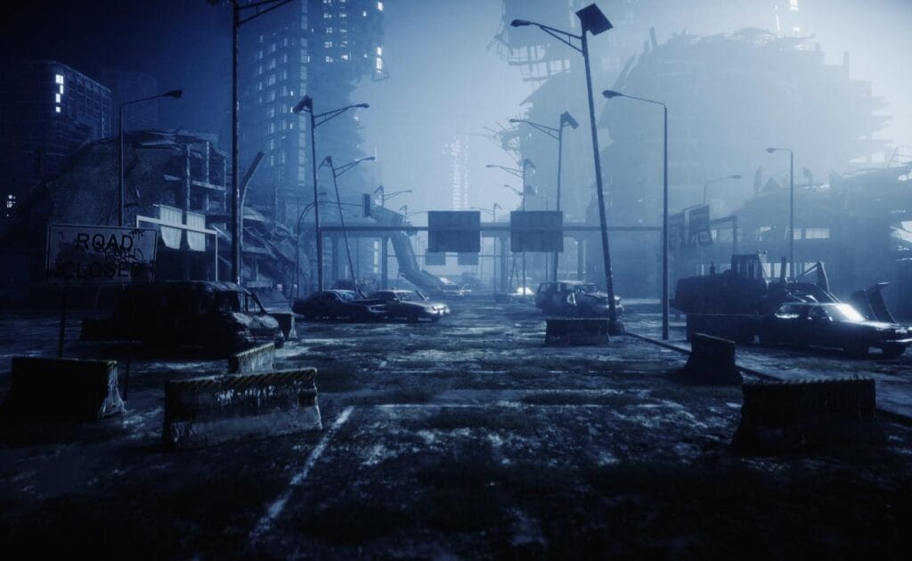 A 3D rendering of a post-apocalyptic world.
