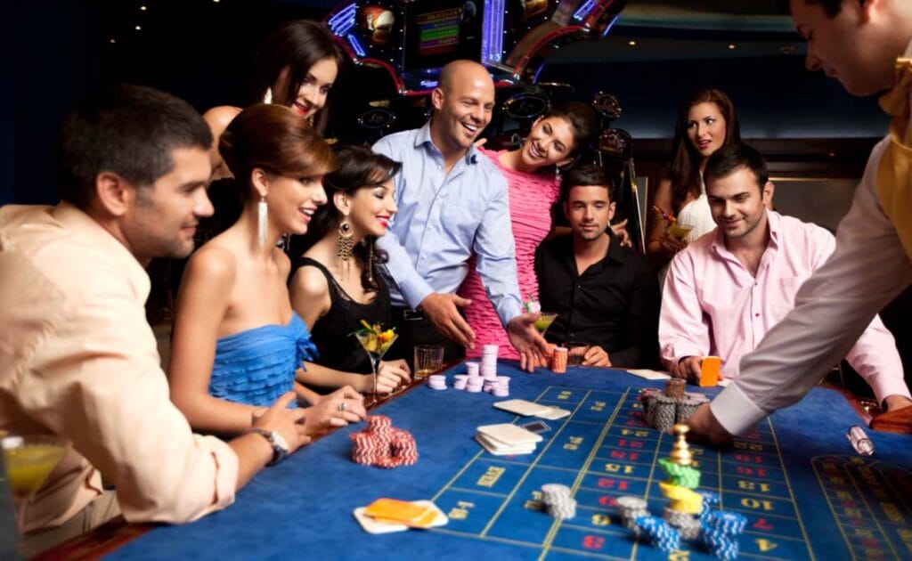 A group of people having a fun time gambling.