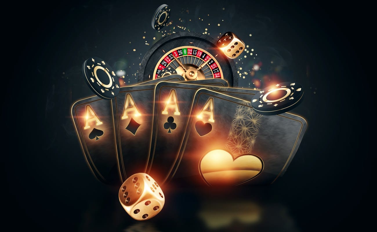 Cards, dice and casino chips against a dark background.