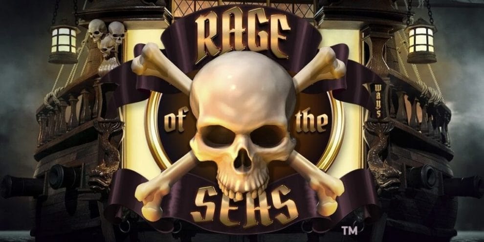 Rage of the Seas online slot logo and pirate ship against a cloudy night sky. 