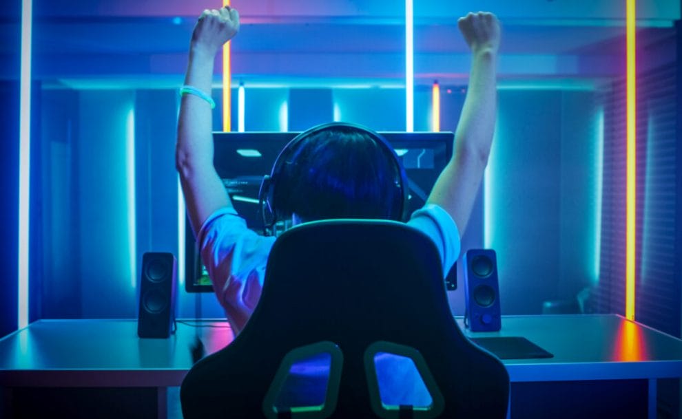 A gamer playing and winning on his personal computer.