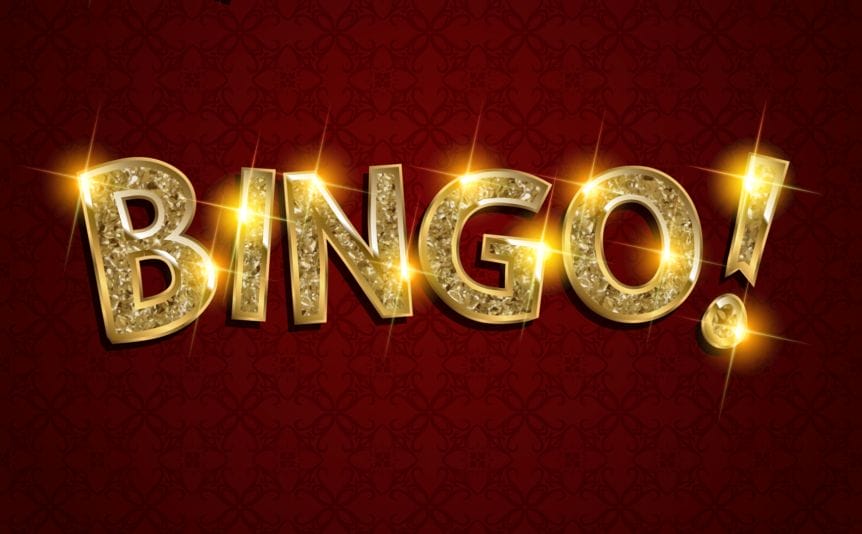 The word ‘Bingo!’ in sparkly lights against a dark red background.