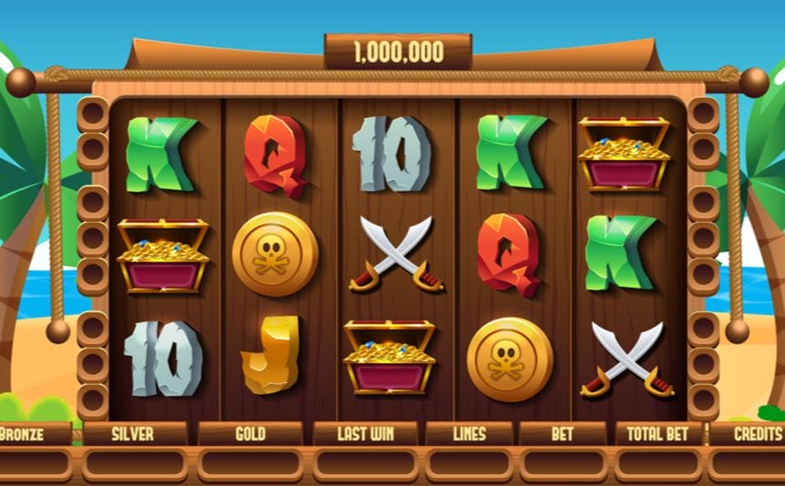 Slot reel showing letters and numbers and a pirate’s treasure chest against a wooden background.
