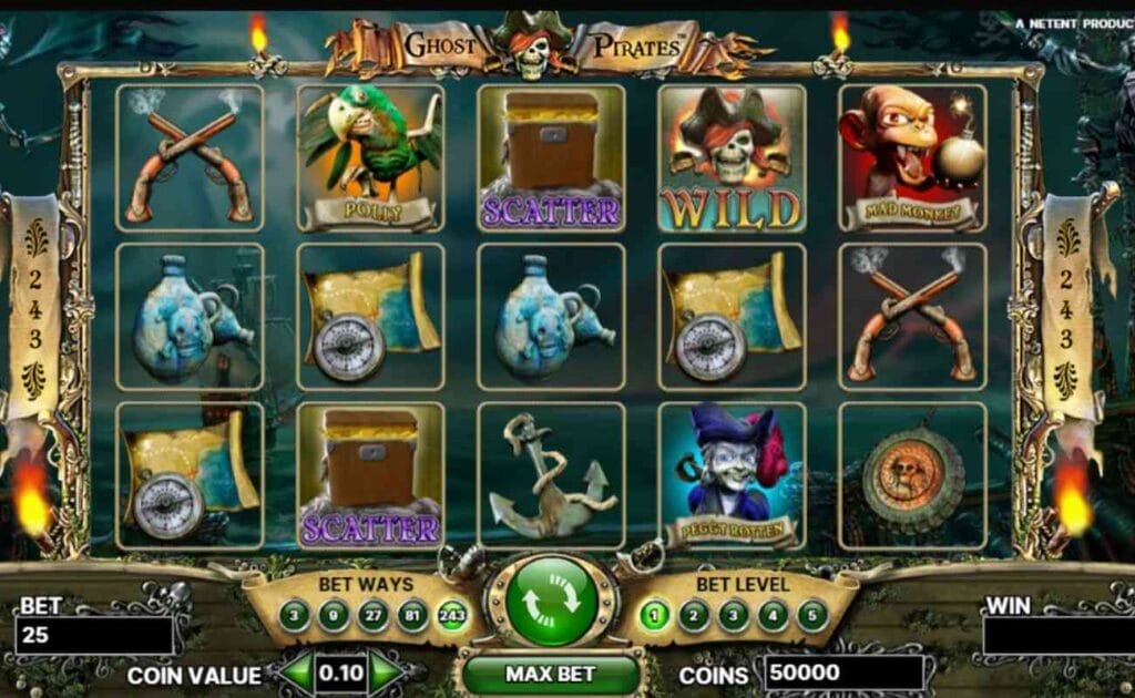 Screenshot of Ghost Pirates online slot game, showing game play, and reels of pirate themed symbols.