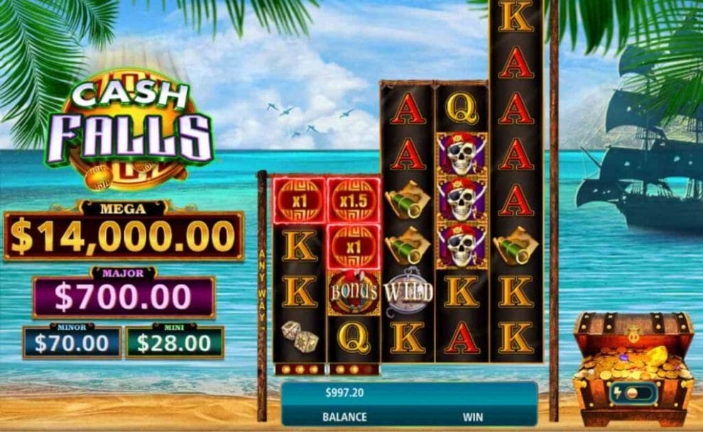 Screenshot of Cash Falls Pirate’s Trove online slot game, showing game play, with reels of pirate themed symbols, and a beach background with a pirate ship and a box of treasure.