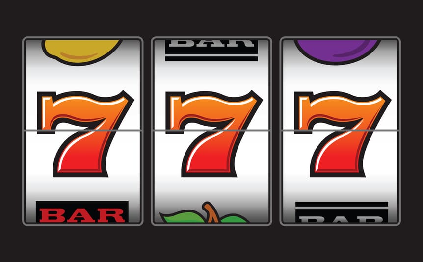 slot reel against grey background showing 3 red sevens - Las Vegas themed slots