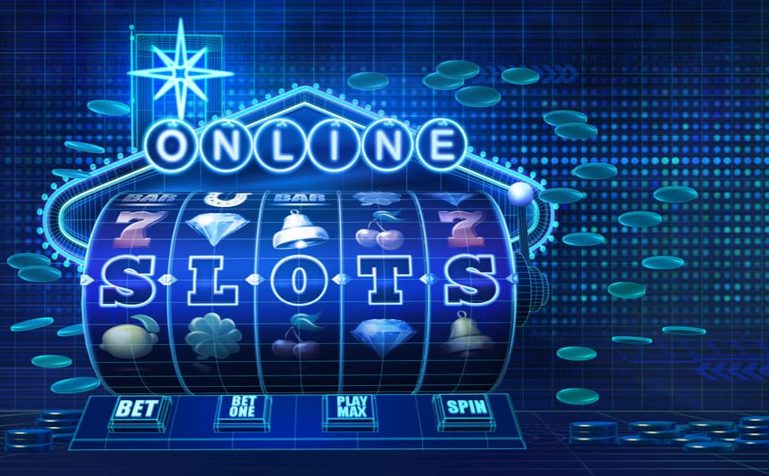 Stylized slot reel displaying the word ‘slots’ against a blue background.
