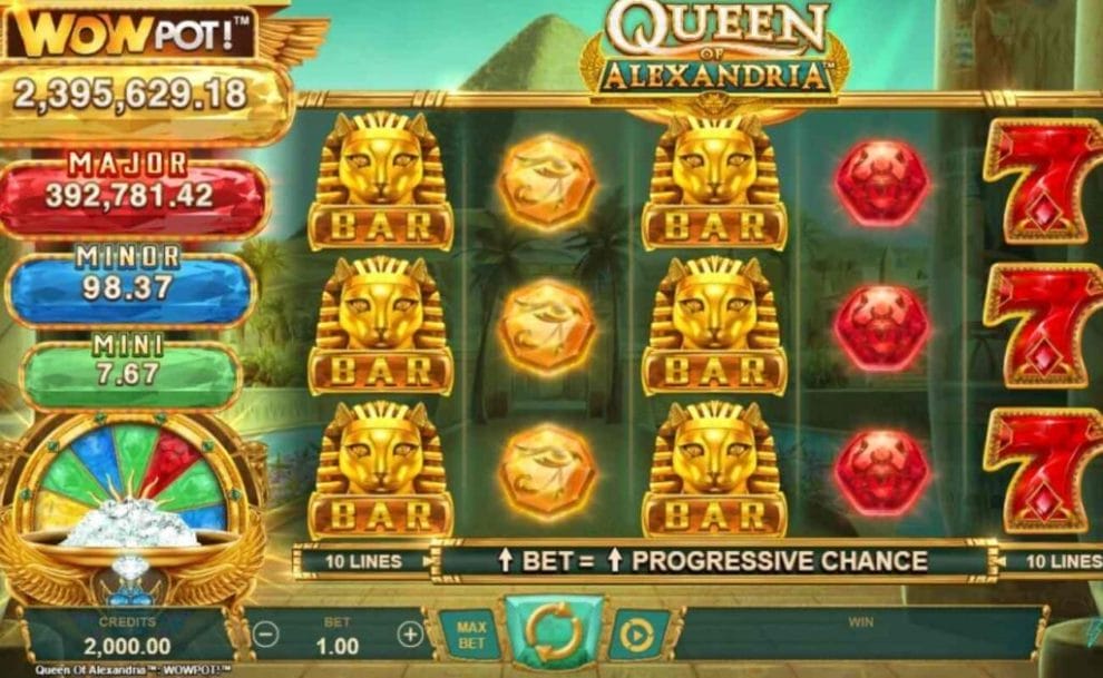 Screenshot of the reels in Queen of Alexandria online slot by Microgaming.