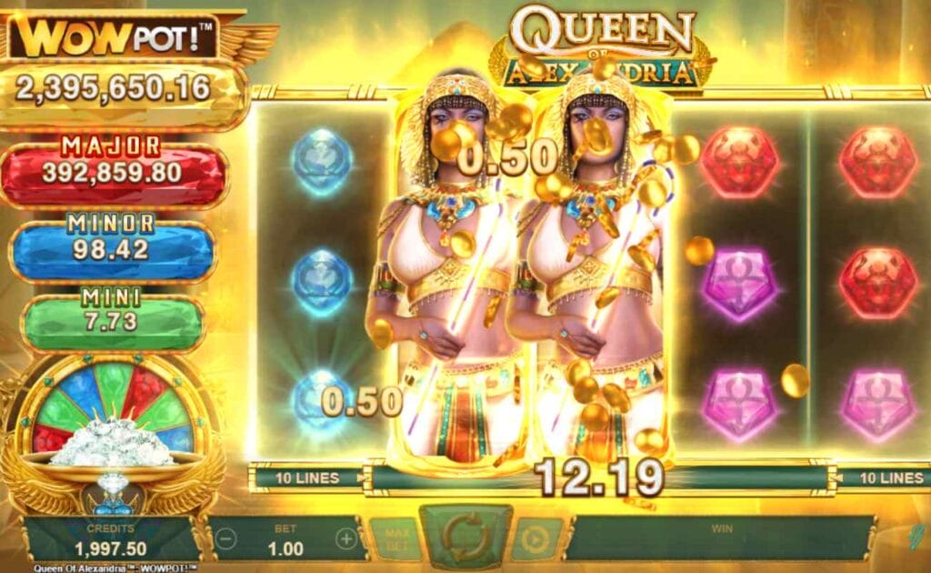 Screenshot of the expanding wilds feature in Queen of Alexandria online slot by Microgaming.