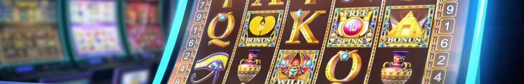 An Egyptian-themed slot machine in the foreground, with different slot machines in the background.
