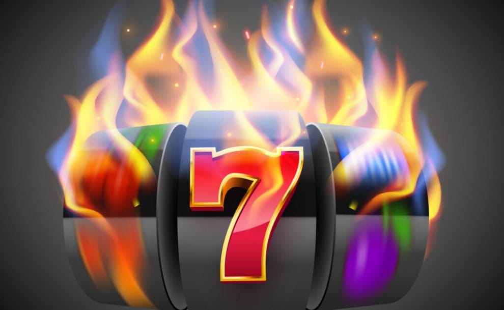 Illustration of a slot game with flames coming out of the reels, which show a red lucky 7.