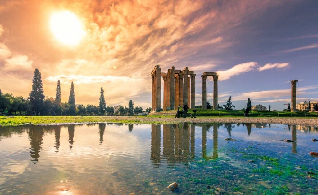 Picturesque view of the Temple of Olympian Zeus in Athens, Greece.