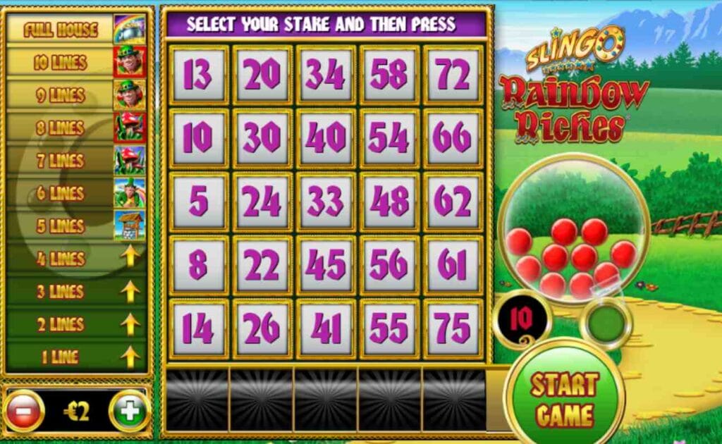 Screenshot of the reels in Slingo Rainbow Riches, a popular Slingo title.