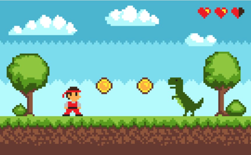 Old school pixel game showing a male character facing a dinosaur.