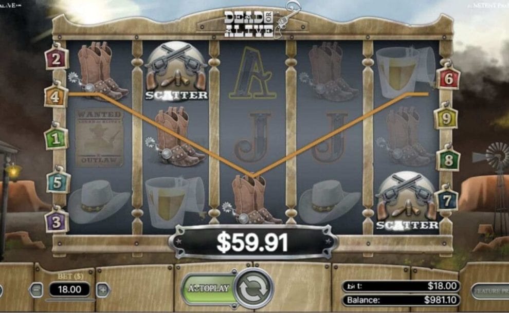 A screenshot of a $59.91 win on Dead or Alive. 