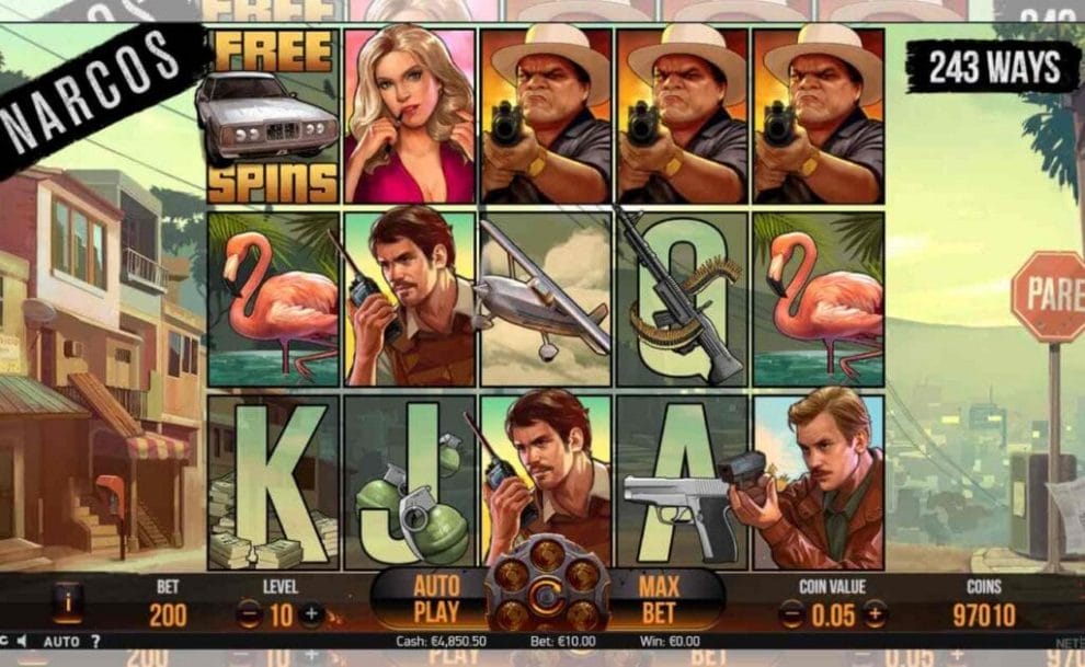 A screenshot of the slot reels of Narcos, the online slot by NetEnt.