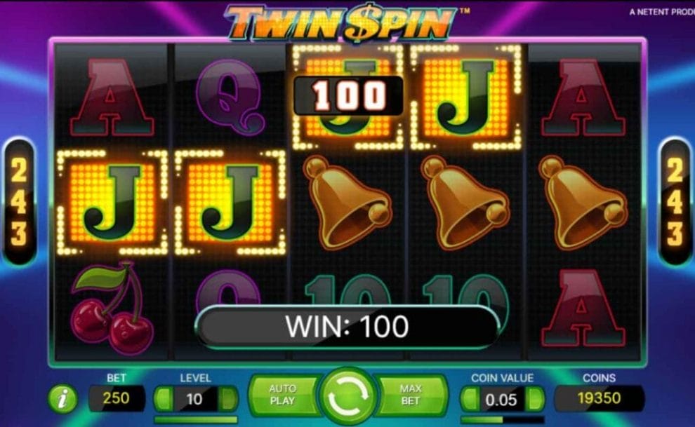 A screenshot of a $100 win on the Twin Spin online slot game. 