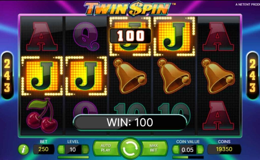 A screenshot of a $100 win on the Twin Spin online slot game.